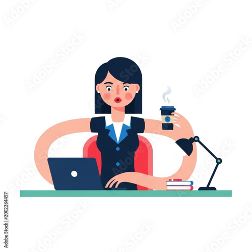 Busy businesswoman multitasking at her desk with coffee and laptop.