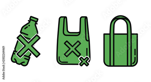 Eco Friendly Bag And No Plastic Bottle Icons For Sustainable Living Concepts