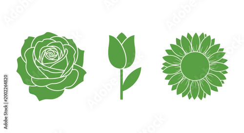 Green floral icons set with rose, tulip and sunflower on white background for eco friendly concepts