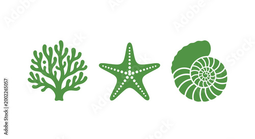 Green Sea Creatures Icons Set For Marine Life Concepts