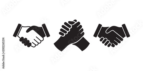 Set of handshake and arm wrestling icons symbolizing agreement and competition
