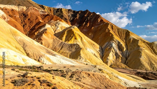 Multicolored hills with bright yellows, oranges, and browns under a partially cloudy blue sky