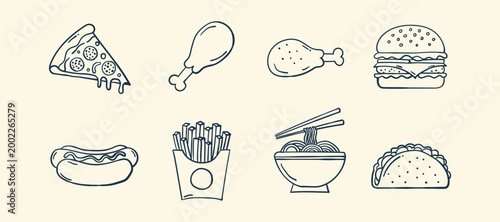 Set of handdrawn fast food icons including pizza, burger, fries, and noodles