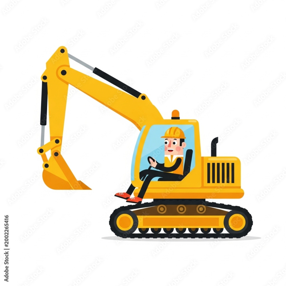 Fototapeta premium Construction worker operating a yellow excavator machine on a white background 2.