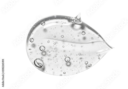 highly transparent viscous gel dollop with trapped air bubbles, isolated on a transparent background with copy space, 3/4 macro view, no shadows. concept for luxury cosmetic advertising
