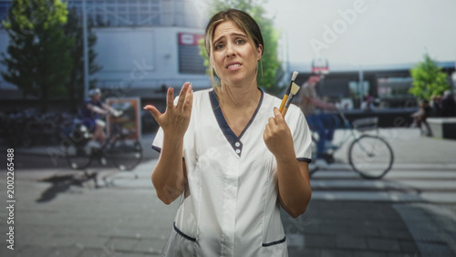 Obraz na plátně Nurse woman holding brushes with palm up gesture on busy street crosswalk with cyclists passing in repeated poses; confusion doubt