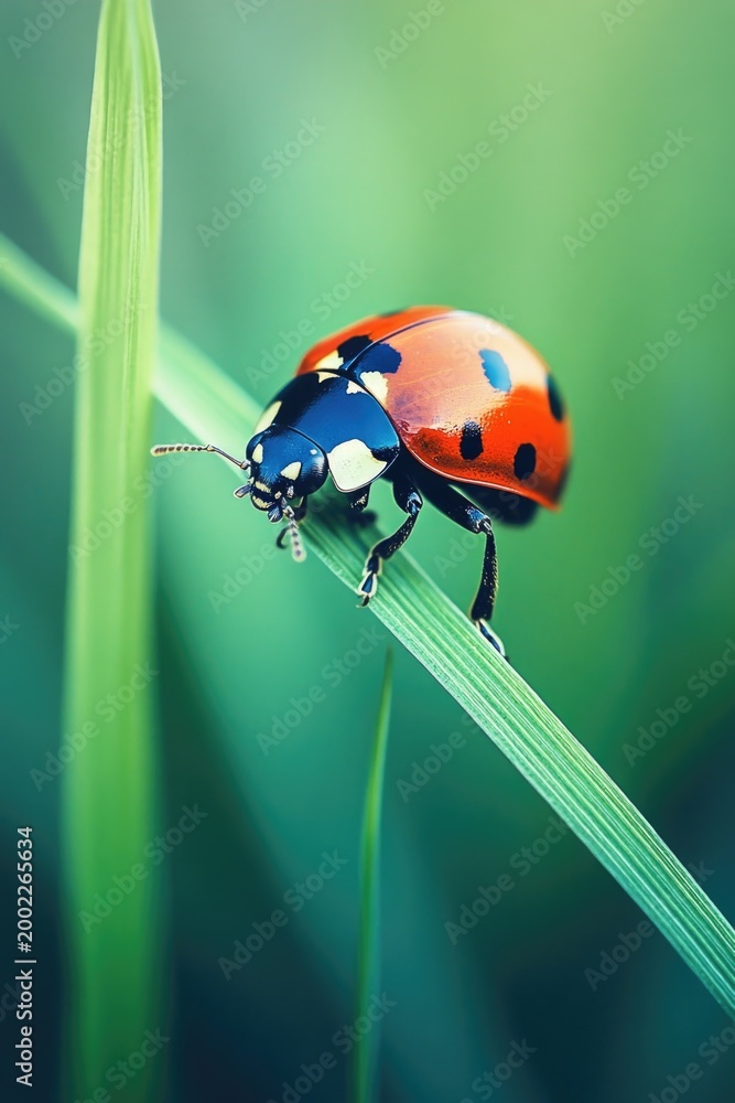 Fototapeta premium A ladybug sits on a single blade of grass