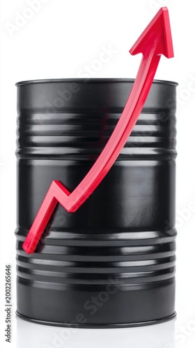 Black oil barrel with rising red arrow on white background