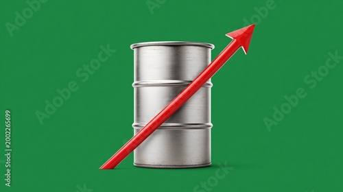 Metal oil barrel with red upward arrow on green background