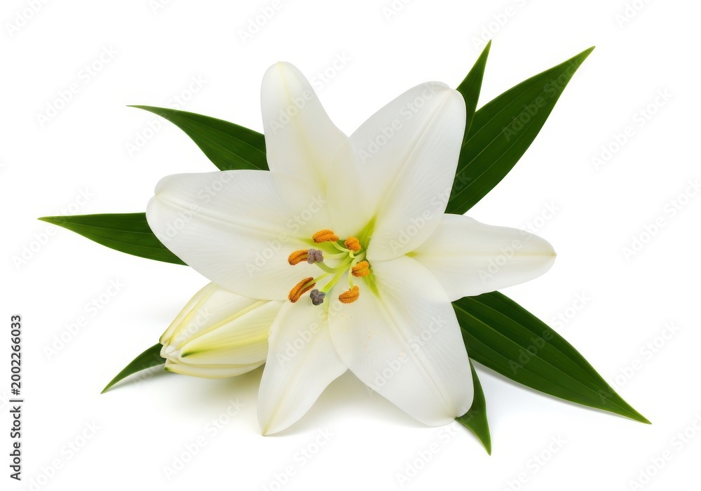 Obraz premium Elegant white lily flower with vibrant stamen in full bloom