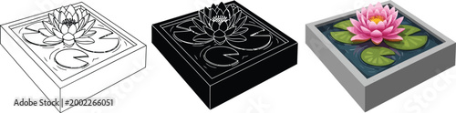 Set of water lily icons including line art silhouette and realistic rendering for nature and spa concepts