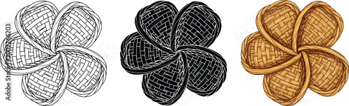 Set of woven flower icons detailed floral design elements in black white and gold for decorative use isolated on white