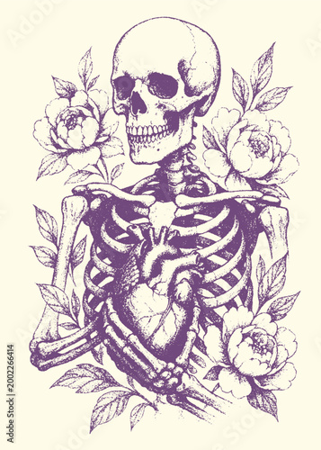 Skeleton adorned with blooming flowers and leaves hand drawn skeleton botanical mortality metaphor illustration decorative abstract background isolated vertical composition artistic