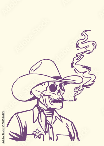 Skeleton cowboy smoking a cigarette with smoke swirling skeleton cigarette halloween illustration fictional character portrait shoulders