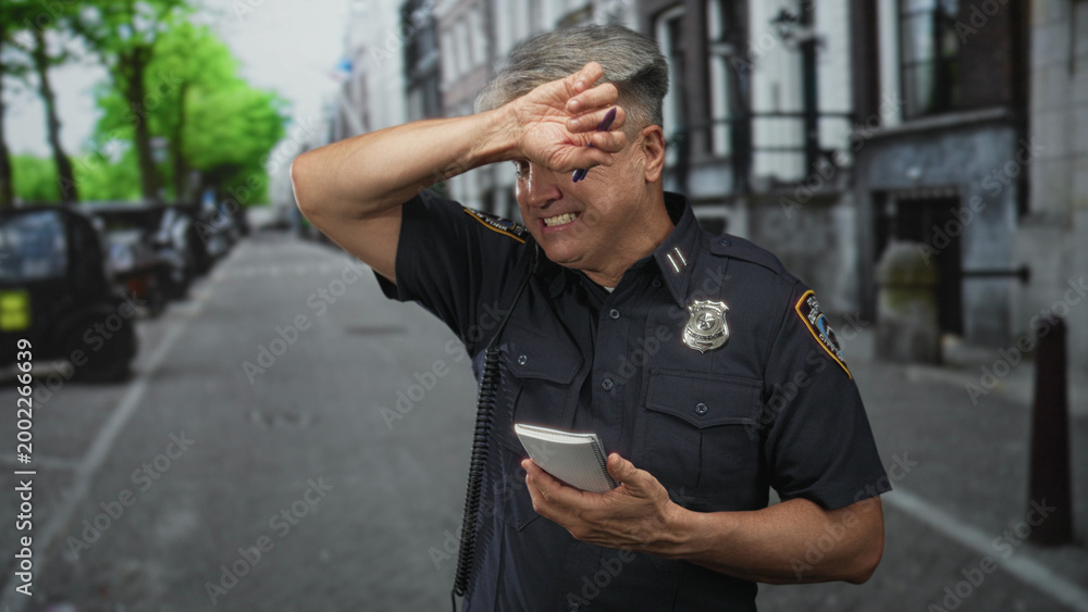 Naklejka premium Police officer man holding notepad with pen and radio mic on shoulder, smiling on city street by buildings; friendly duty.