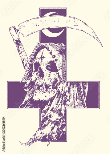 Cuadro en lienzo Grim reaper with scythe and moon symbol over a cross skeleton halloween illustra