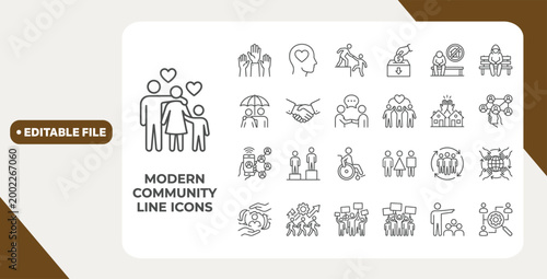 Minimalist Modern community outine icons set with editable stroke. Containing people, friendship, social, inclusion,  inclusion,  and more. thin linear illustration.