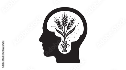 Minimalist human head profile with wheat and DNA helix, agricultural biotechnology vector icon, genetic engineering and food science concept