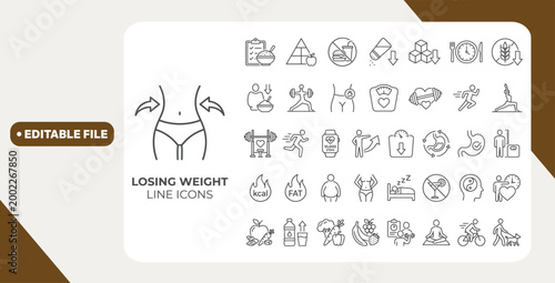Losing Weight icon set. Contain icons related to Diet, weight loss, nutrition, and more. Editable stroke. Vector illustration