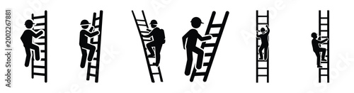 Set of minimal black shape  worker climbing ladder silhouette icon. construction icons in black isolated vector illustration collection