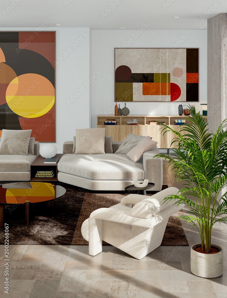 Obraz premium 3D render, illustration Luxury modern living room interior, realistic lighting, wide angle, contemporary furniture, clean lines, minimalist decor, elegant home design, large window