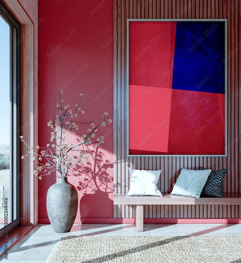 Naklejka premium 3D render, illustration Luxury modern living room interior, realistic lighting, wide angle, contemporary furniture, clean lines, minimalist decor, elegant home design, large window