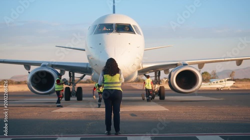 Special ground personnel directs white passenger airplane to gate at airport tarmac during golden hour. Crew members in high visibility vests assist with aircraft parking procedures on runway.