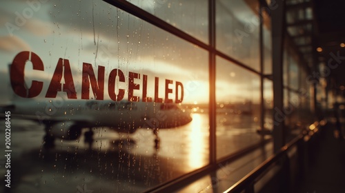An airport departure gate, a commercial airplane with a bold red 