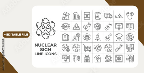 Nuclear sign icon set. Editable stroke. Vector illustration
