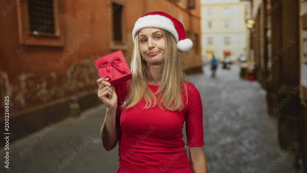 Naklejka premium Blonde woman wearing santa hat holds red gift with right hand near face on a cobbled street, lips pursed in unimpressed expression; holiday sarcasm.