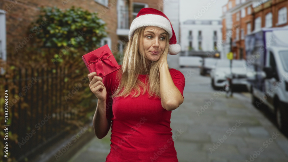 Obraz premium Woman holding a wrapped gift, hand to head on street wearing a red santa hat and red shirt; contemplative holiday thought.