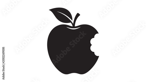 Minimalist bitten apple vector icon, black silhouette of fresh fruit with leaf, simple apple symbol for healthy food branding and organic snacks