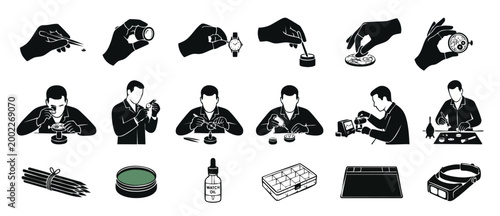 Watchmaker Repair Icon Set - Professional Horology Tools and Techniques for Clock Maintenance and Precision Mechanical Engineering Services, Black and White Vector Illustrations for Technical Manuals