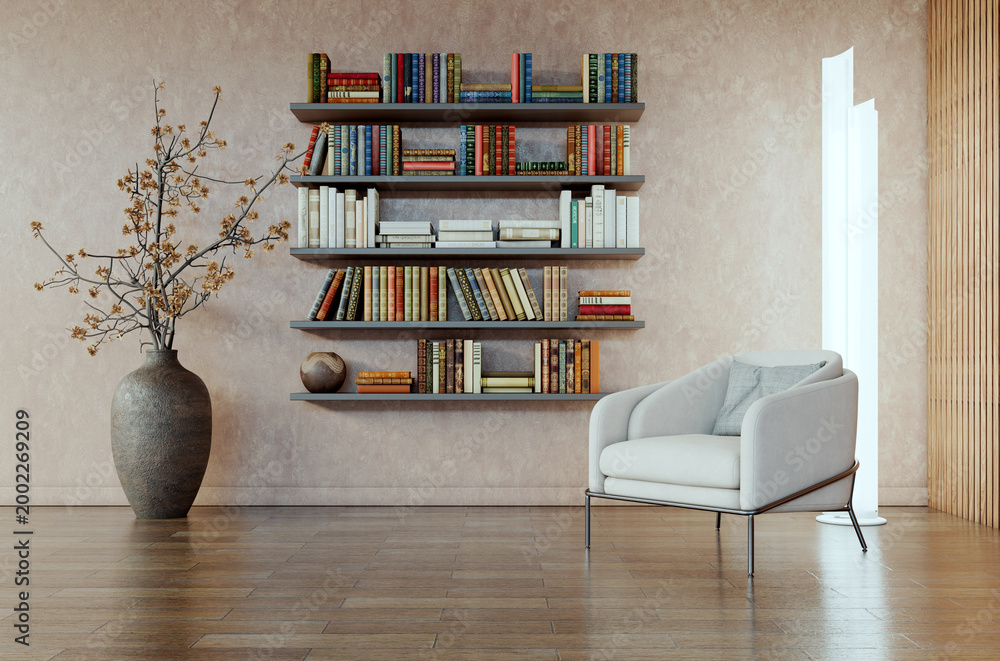Obraz premium 3D render, illustration Luxury modern living room interior, realistic lighting, wide angle, contemporary furniture, clean lines, minimalist decor, elegant home design, large window