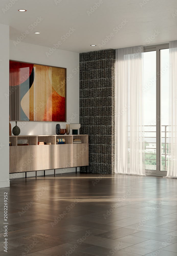 Naklejka premium 3D render, illustration Luxury modern living room interior, realistic lighting, wide angle, contemporary furniture, clean lines, minimalist decor, elegant home design, large window