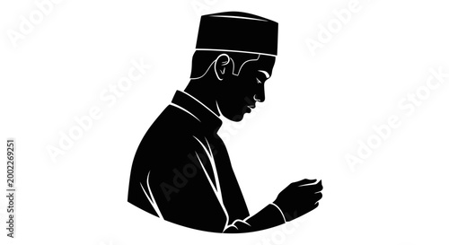 Quadro su tela EID-UL ADHA Black silhouette man wearing fez hat, profile view, simple vector ic