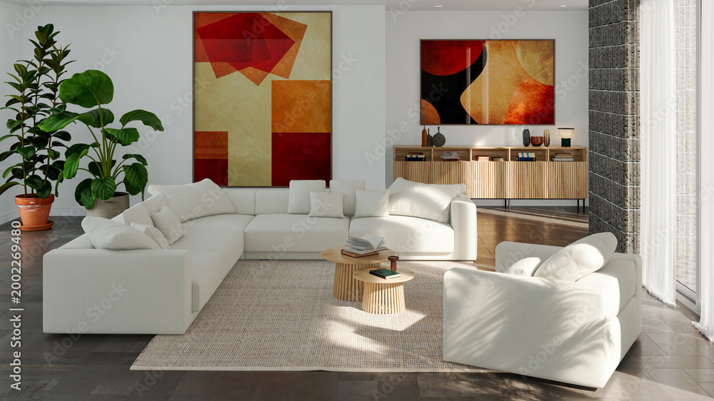 Naklejka premium 3D render, illustration Luxury modern living room interior, realistic lighting, wide angle, contemporary furniture, clean lines, minimalist decor, elegant home design, large window