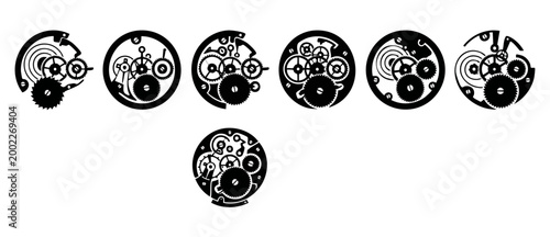 Foto Watch Movement Gear Icon Set, Mechanical Clockwork Parts Silhouette Symbols for