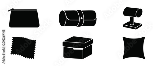 Jewelry storage accessories icon set, fashion organizing tools including cases, watch rolls, display stands, boxes and polishing cloths for retail display, product organization and minimalist design c