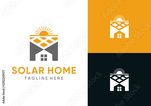 Solar home logo icon template. Rooftop solar panels with house and solar energy symbol. Alternative energy. Vector renewable electricity logo.