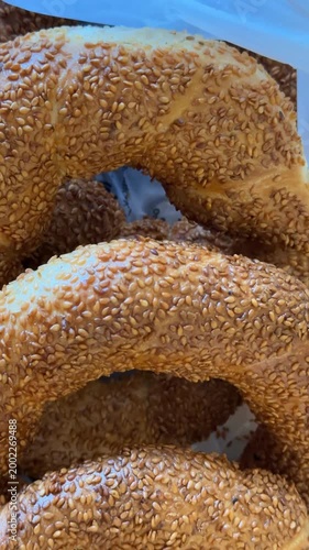 Closeup of Turkish simit with sesame seeds, ideal as a food background or for bakery themes