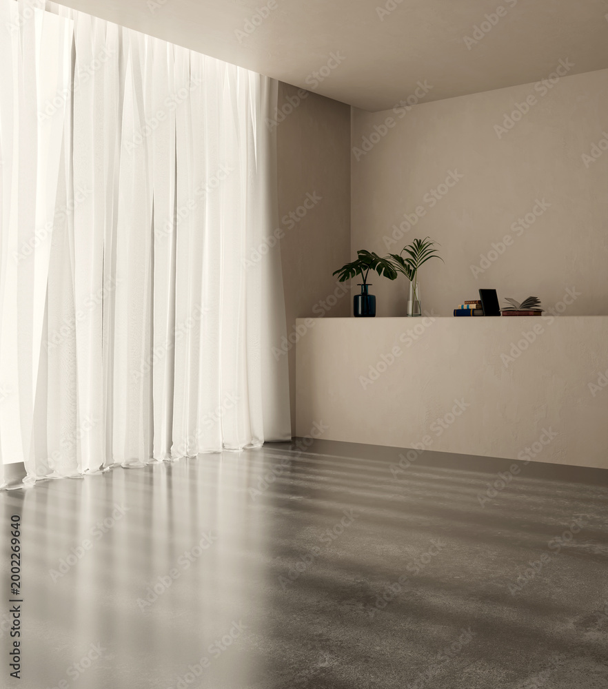 Obraz premium 3D render, illustration Luxury modern living room interior, realistic lighting, wide angle, contemporary furniture, clean lines, minimalist decor, elegant home design, large window