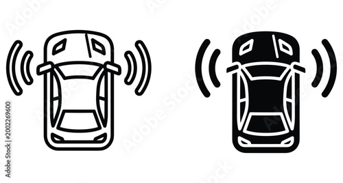Car sensor icon set showing top view vehicle with proximity signal waves for parking assistance autonomous driving and smart safety technology