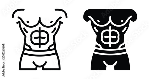Muscular male torso icon set showing abdominal muscles chest and waist for fitness bodybuilding gym health workout and anatomy design