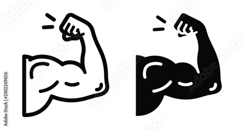 Strong muscular arm flexing bicep icon set showing power strength fitness bodybuilding health gym workout training athletic body part symbol