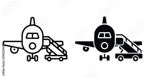 Airplane boarding stairs icon set featuring a commercial aircraft with a mobile passenger ramp for airport terminal travel and transportation