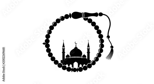 Obraz na płótnie EID-UL ADHA Islamic prayer beads, mosque silhouette, black rosary, Tasbih, Musli