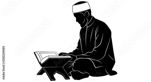 Fotografija EID-UL ADHA Islamic man reading Quran, Muslim priest, holy book, black silhouett