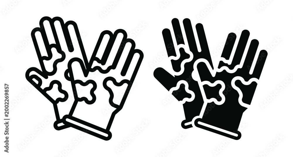 Fototapeta premium Protective work gloves icon set with camouflage pattern for gardening cleaning or industrial safety equipment in outline and solid styles