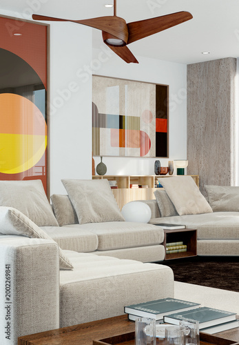 Large illustration 3D rendering Fan Ventilation luxury modern bright interiors Living room mockup with Couch